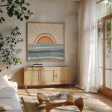 Summer Desert I by Veronique Charron. Shown in a natural wood frame in a cozy modern living room. Available as an archival giclee rolled canvas, fine art paper, or poster print. SKU 74759a.