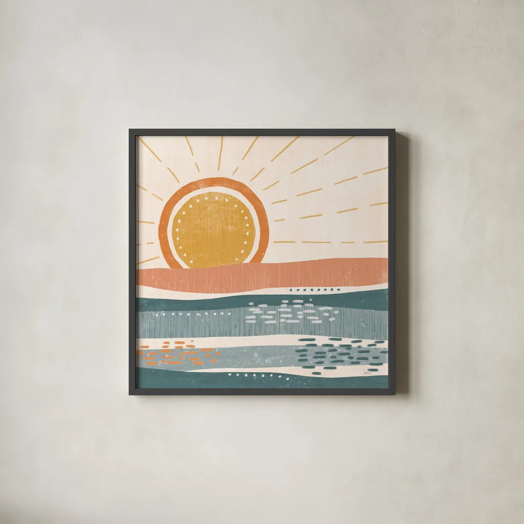 Summer Desert II by Veronique Charron. Shown in a sleek black glass frame for a contemporary gallery look. Available as an archival giclee rolled canvas, fine art paper, or poster print. SKU 74760a.