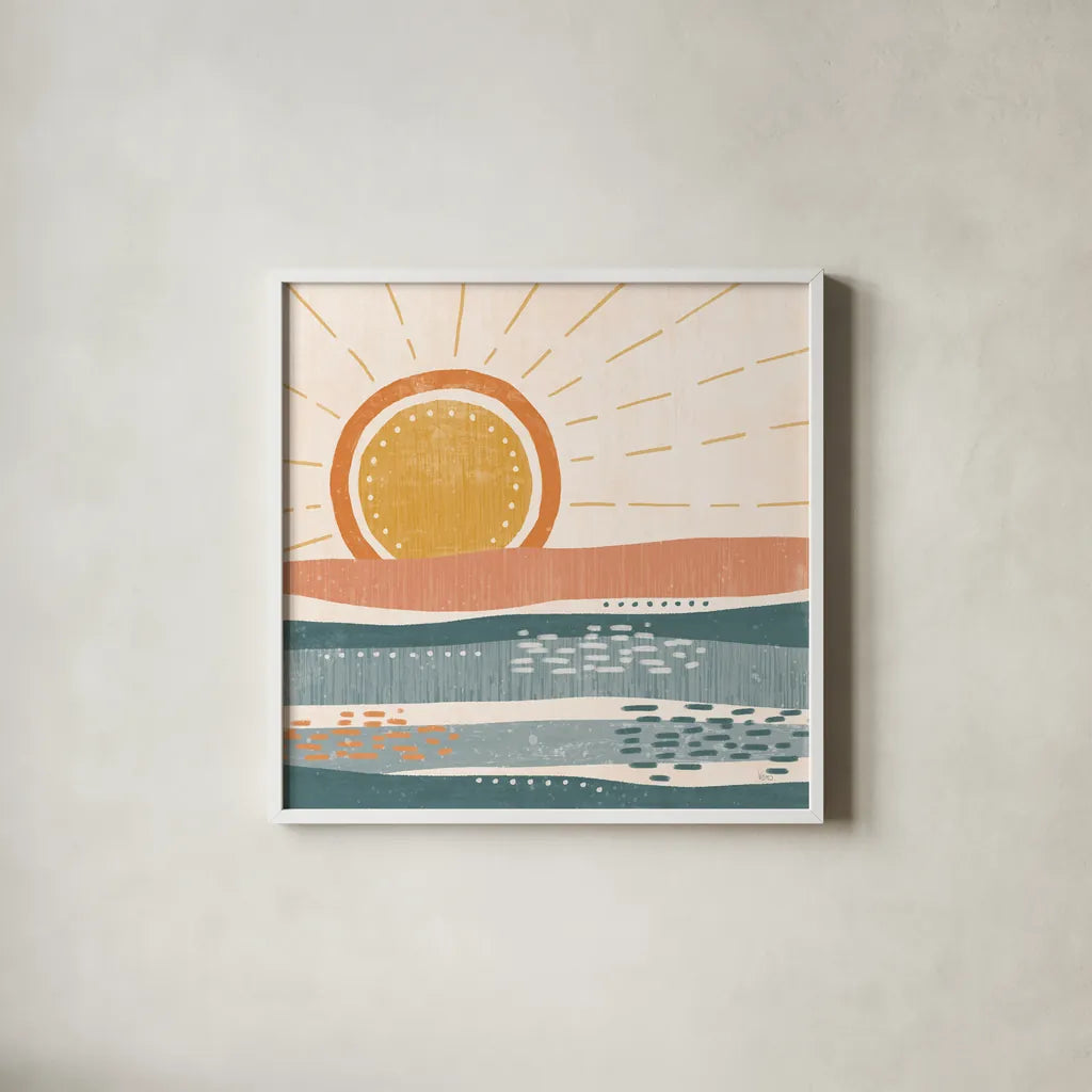 Summer Desert II by Veronique Charron. Shown in a crisp white glass frame for a clean and minimalist style. Available as an archival giclee rolled canvas, fine art paper, or poster print. SKU 74760a.