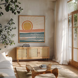 Summer Desert II by Veronique Charron. Shown in a natural wood frame in a cozy modern living room. Available as an archival giclee rolled canvas, fine art paper, or poster print. SKU 74760a.