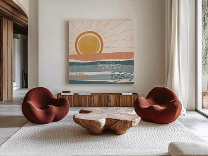 Summer Desert II by Veronique Charron. Shown as extra-large giant wall art in a modern living room. Available as an archival giclee rolled canvas, fine art paper, or poster print. SKU 74760a.