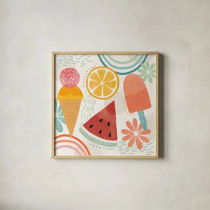 Sweet Summer I by Veronique Charron. Shown in a natural wood glass frame for a timeless modern aesthetic. Available as an archival giclee rolled canvas, fine art paper, or poster print. SKU 74652a.