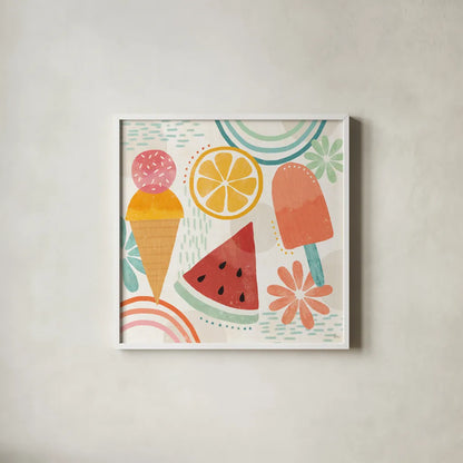 Sweet Summer I by Veronique Charron. Shown in a crisp white glass frame for a clean and minimalist style. Available as an archival giclee rolled canvas, fine art paper, or poster print. SKU 74652a.