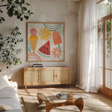 Sweet Summer I by Veronique Charron. Shown in a natural wood frame in a cozy modern living room. Available as an archival giclee rolled canvas, fine art paper, or poster print. SKU 74652a.