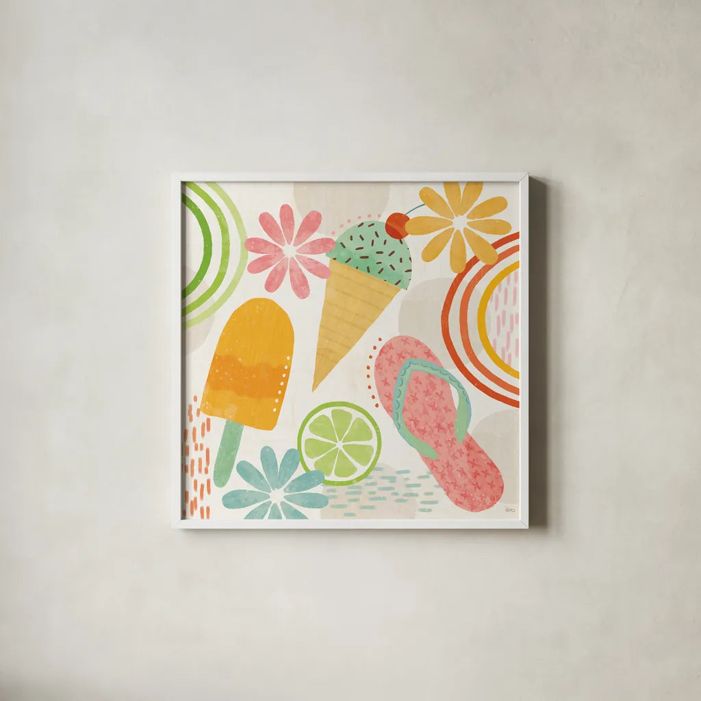 Sweet Summer II by Veronique Charron. Shown in a crisp white glass frame for a clean and minimalist style. Available as an archival giclee rolled canvas, fine art paper, or poster print. SKU 74653a.