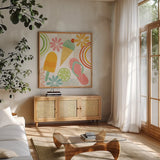 Sweet Summer II by Veronique Charron. Shown in a natural wood frame in a cozy modern living room. Available as an archival giclee rolled canvas, fine art paper, or poster print. SKU 74653a.