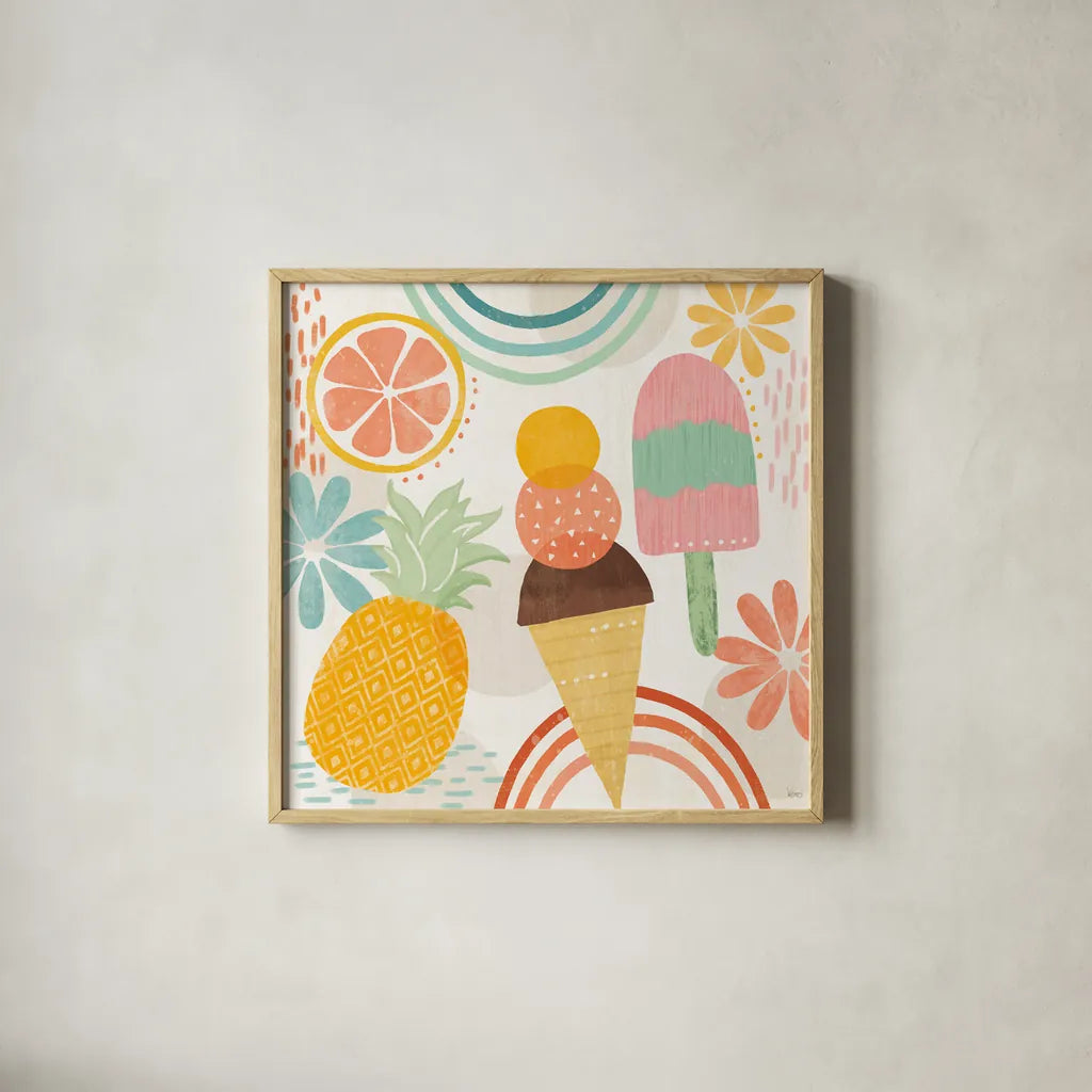 Sweet Summer III by Veronique Charron. Shown in a natural wood glass frame for a timeless modern aesthetic. Available as an archival giclee rolled canvas, fine art paper, or poster print. SKU 74654a.