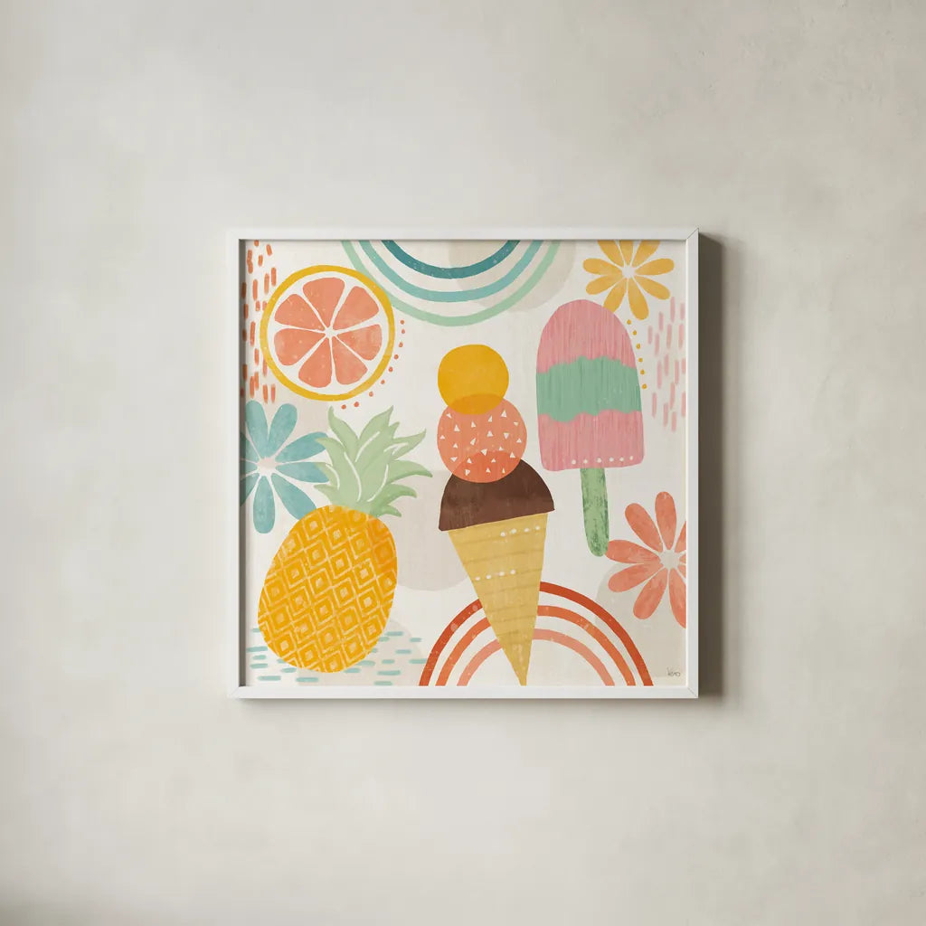 Sweet Summer III by Veronique Charron. Shown in a crisp white glass frame for a clean and minimalist style. Available as an archival giclee rolled canvas, fine art paper, or poster print. SKU 74654a.