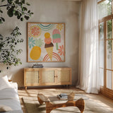 Sweet Summer III by Veronique Charron. Shown in a natural wood frame in a cozy modern living room. Available as an archival giclee rolled canvas, fine art paper, or poster print. SKU 74654a.
