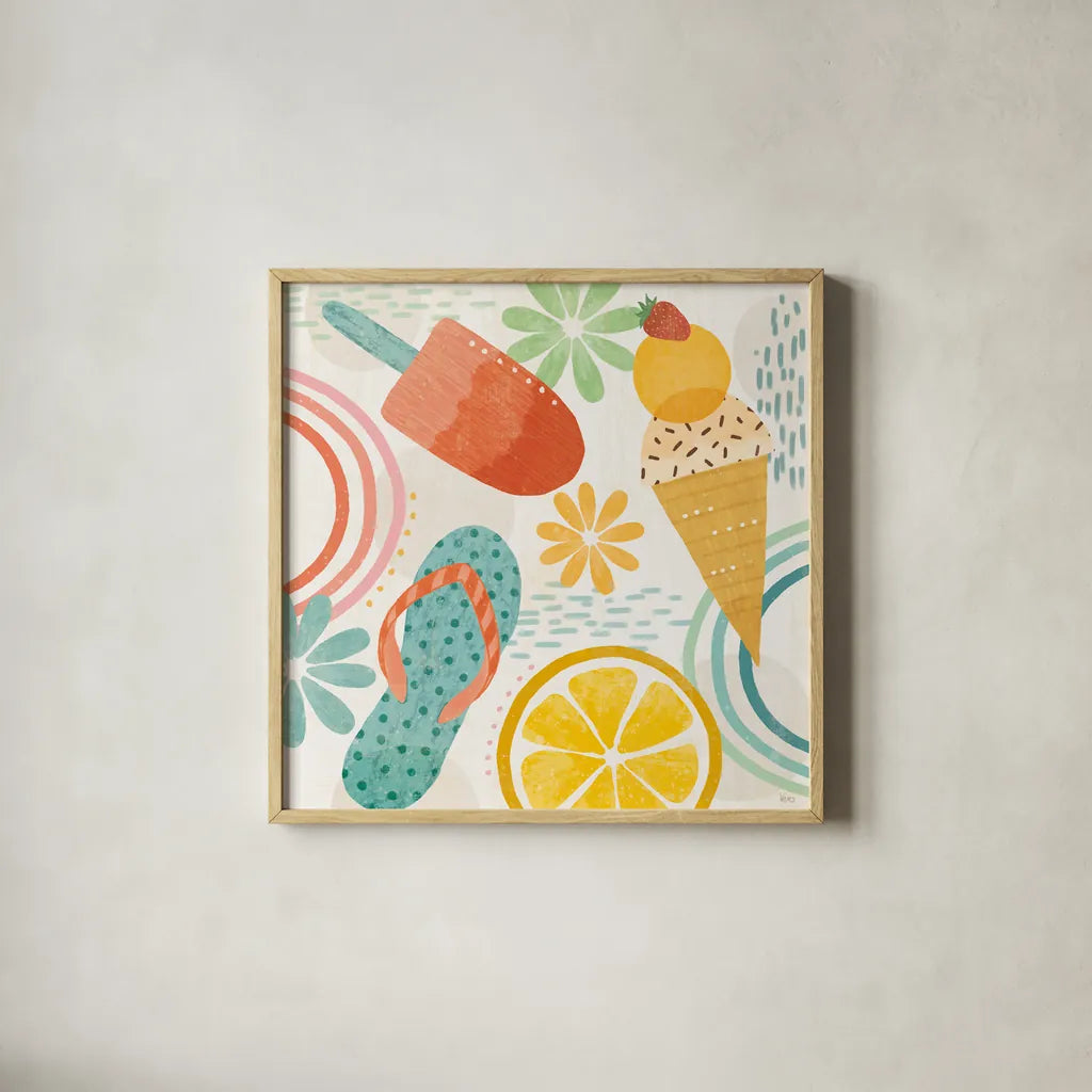 Sweet Summer IV by Veronique Charron. Shown in a natural wood glass frame for a timeless modern aesthetic. Available as an archival giclee rolled canvas, fine art paper, or poster print. SKU 74655a.