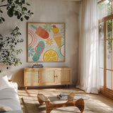 Sweet Summer IV by Veronique Charron. Shown in a natural wood frame in a cozy modern living room. Available as an archival giclee rolled canvas, fine art paper, or poster print. SKU 74655a.