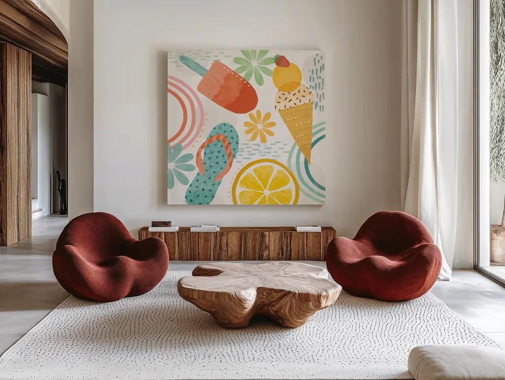 Sweet Summer IV by Veronique Charron. Shown as extra-large giant wall art in a modern living room. Available as an archival giclee rolled canvas, fine art paper, or poster print. SKU 74655a.