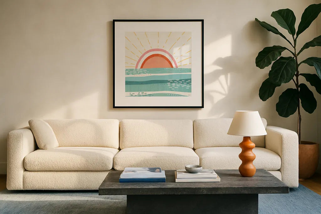 Sweet Summer V by Veronique Charron. Displayed in a glass frame with matte in a clean modern living room. Available as an archival giclee rolled canvas, fine art paper, or poster print. SKU 74656a.