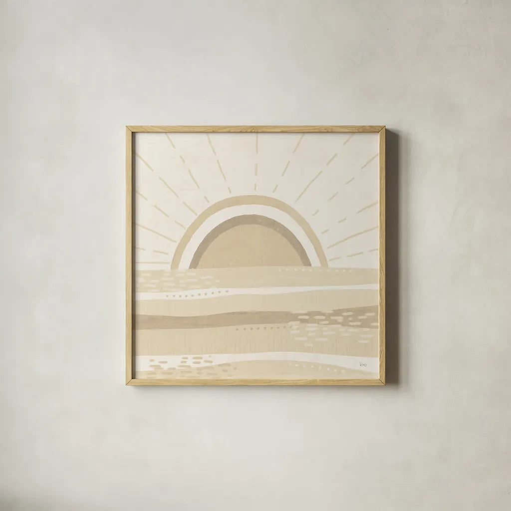 Sweet Summer V Neutral by Veronique Charron. Shown in a natural wood glass frame for a timeless modern aesthetic. Available as an archival giclee rolled canvas, fine art paper, or poster print. SKU 75534a.