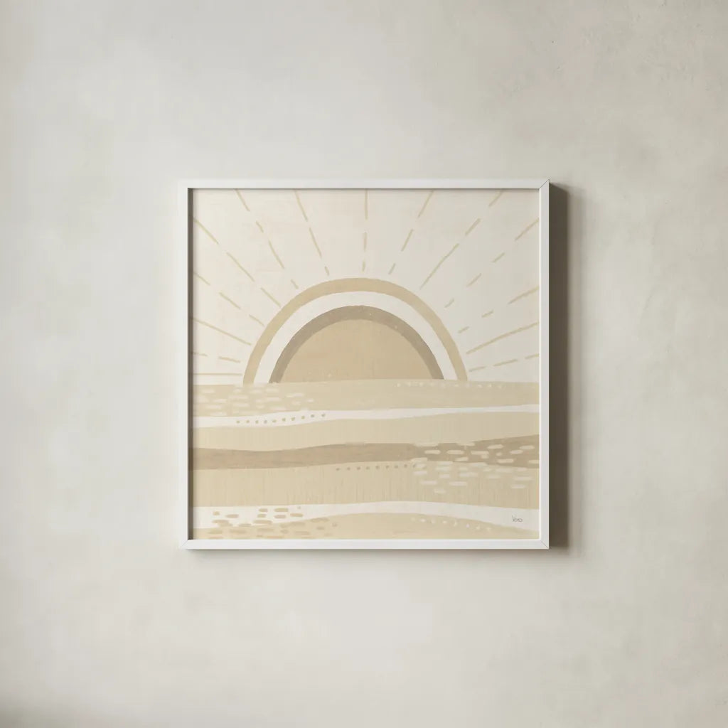 Sweet Summer V Neutral by Veronique Charron. Shown in a crisp white glass frame for a clean and minimalist style. Available as an archival giclee rolled canvas, fine art paper, or poster print. SKU 75534a.