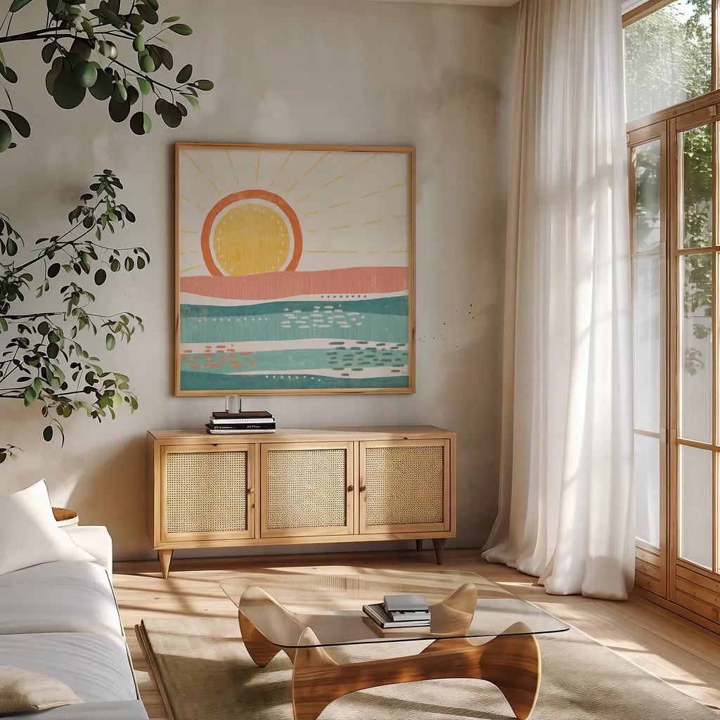 Sweet Summer VI by Veronique Charron. Shown in a natural wood frame in a cozy modern living room. Available as an archival giclee rolled canvas, fine art paper, or poster print. SKU 74657a.