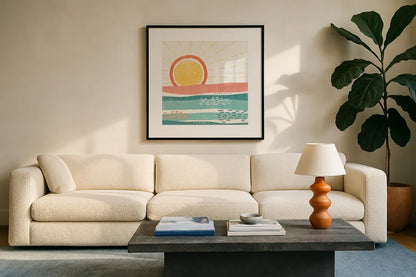 Sweet Summer VI by Veronique Charron. Displayed in a glass frame with matte in a clean modern living room. Available as an archival giclee rolled canvas, fine art paper, or poster print. SKU 74657a.