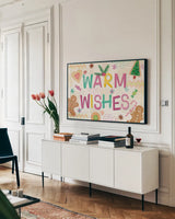 Sweet Treats I Bright by Veronique Charron. shown as a framed stretched canvas in a living room above a console. Available as a archival giclee rolled canvas, fine art paper, or poster print. SKU 88316i.