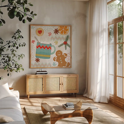 Sweet Treats III by Veronique Charron. Shown in a natural wood frame in a cozy modern living room. Available as an archival giclee rolled canvas, fine art paper, or poster print. SKU 80299a.