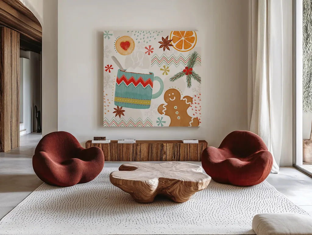 Sweet Treats III by Veronique Charron. Shown as extra-large giant wall art in a modern living room. Available as an archival giclee rolled canvas, fine art paper, or poster print. SKU 80299a.