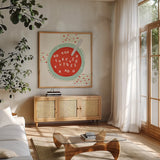 Sweetheart Stories V by Veronique Charron. Shown in a natural wood frame in a cozy modern living room. Available as an archival giclee rolled canvas, fine art paper, or poster print. SKU 103955a.
