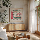 Sweetheart Stories VI by Veronique Charron. Shown in a natural wood frame in a cozy modern living room. Available as an archival giclee rolled canvas, fine art paper, or poster print. SKU 103956a.
