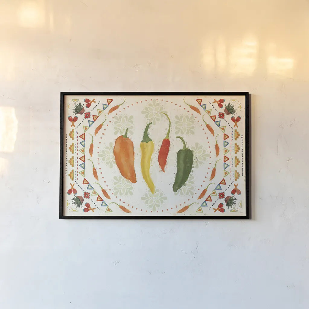 Tex Mex Fiesta I by Veronique Charron. shown as a paper print in a black flame. Available as a archival giclee rolled canvas, fine art paper, or poster print. SKU 61914i.