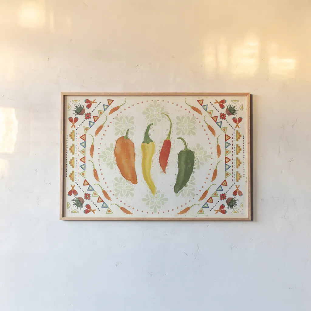 Tex Mex Fiesta I by Veronique Charron. shown as a paper print in a natural frame. Available as a archival giclee rolled canvas, fine art paper, or poster print. SKU 61914i.