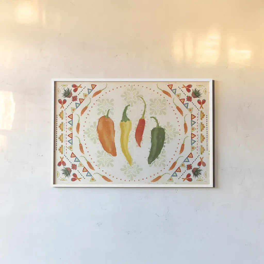 Tex Mex Fiesta I by Veronique Charron. shown as a paper print in a white frame. Available as a archival giclee rolled canvas, fine art paper, or poster print. SKU 61914i.