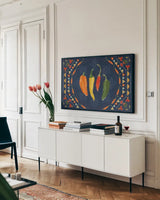 Tex Mex Fiesta I Dark by Veronique Charron. shown as a framed stretched canvas in a living room above a console. Available as a archival giclee rolled canvas, fine art paper, or poster print. SKU 61922i.