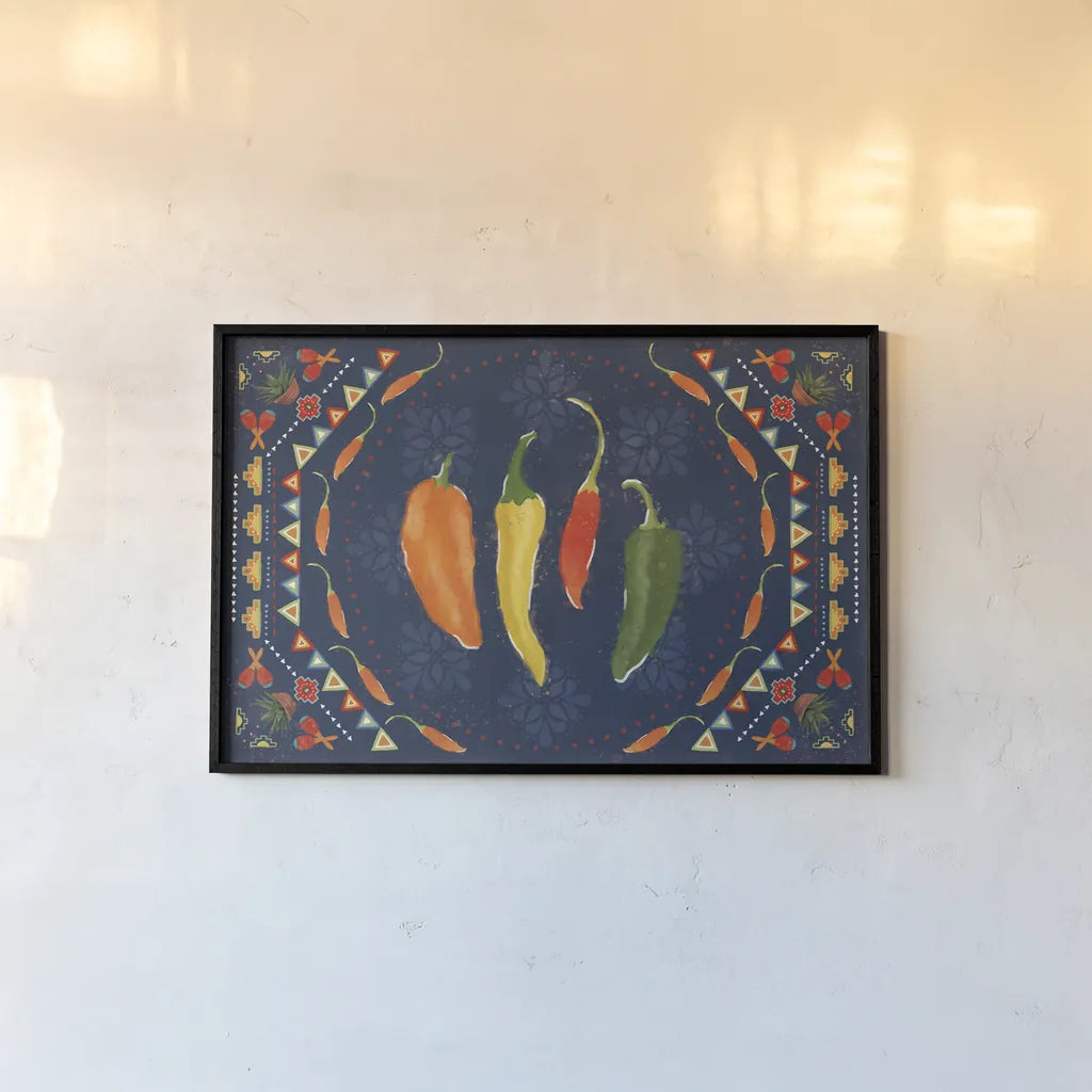 Tex Mex Fiesta I Dark by Veronique Charron. shown as a paper print in a black flame. Available as a archival giclee rolled canvas, fine art paper, or poster print. SKU 61922i.