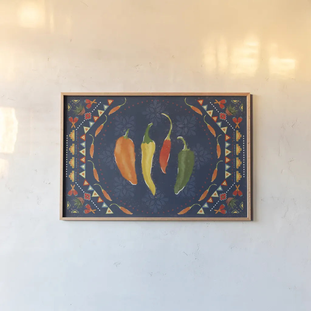 Tex Mex Fiesta I Dark by Veronique Charron. shown as a paper print in a natural frame. Available as a archival giclee rolled canvas, fine art paper, or poster print. SKU 61922i.