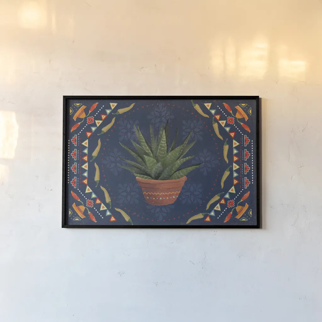 Tex Mex Fiesta II Dark by Veronique Charron. shown as a paper print in a black flame. Available as a archival giclee rolled canvas, fine art paper, or poster print. SKU 61923i.