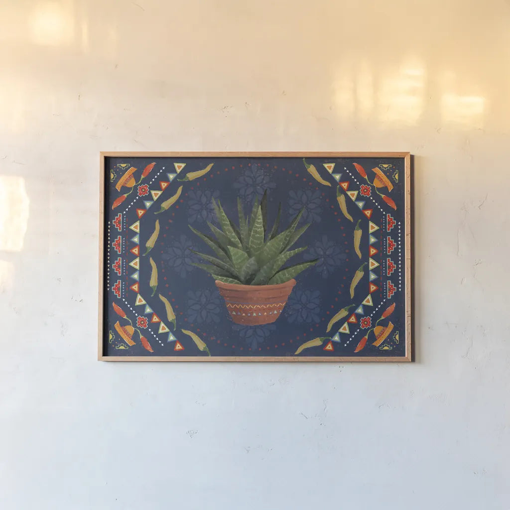 Tex Mex Fiesta II Dark by Veronique Charron. shown as a paper print in a natural frame. Available as a archival giclee rolled canvas, fine art paper, or poster print. SKU 61923i.