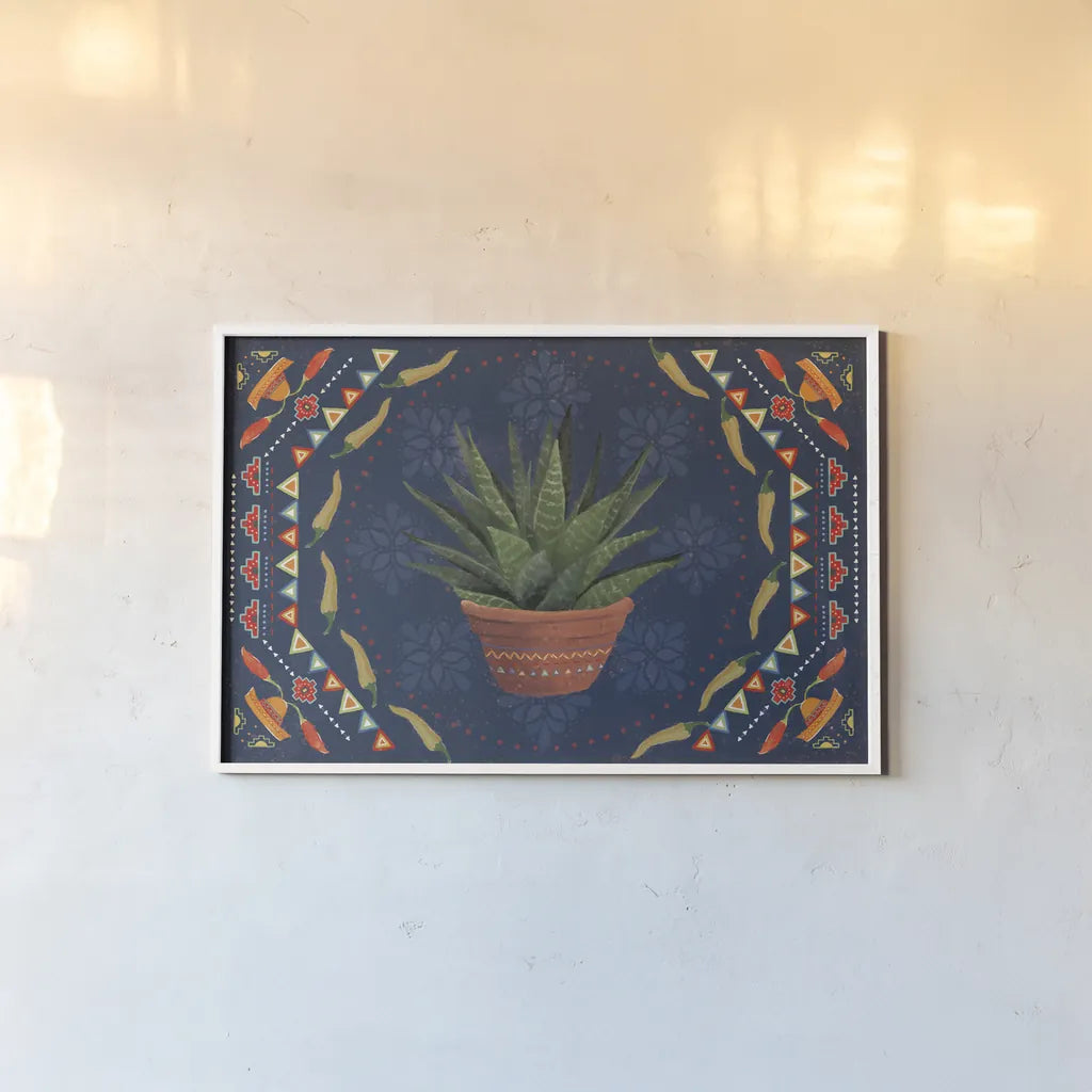 Tex Mex Fiesta II Dark by Veronique Charron. shown as a paper print in a white frame. Available as a archival giclee rolled canvas, fine art paper, or poster print. SKU 61923i.