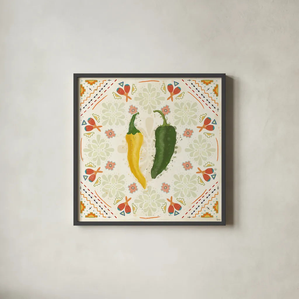 Tex Mex Fiesta III by Veronique Charron. Shown in a sleek black glass frame for a contemporary gallery look. Available as an archival giclee rolled canvas, fine art paper, or poster print. SKU 61916a.