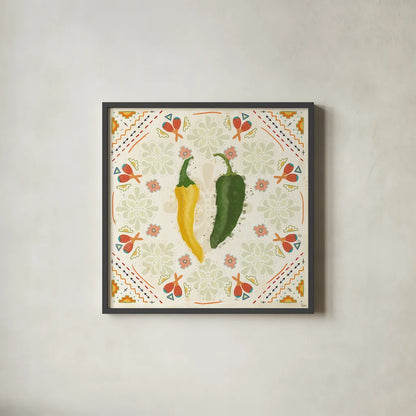 Tex Mex Fiesta III by Veronique Charron. Shown in a sleek black glass frame for a contemporary gallery look. Available as an archival giclee rolled canvas, fine art paper, or poster print. SKU 61916a.