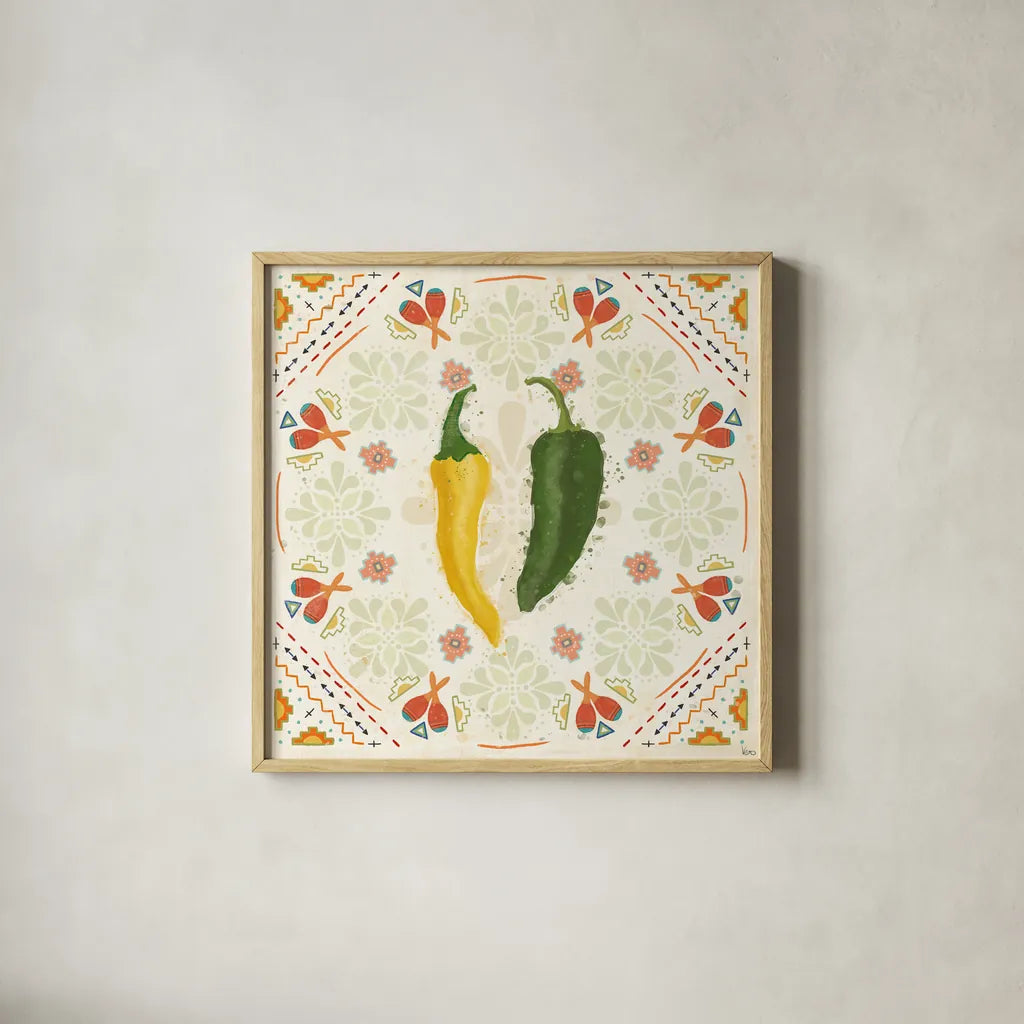 Tex Mex Fiesta III by Veronique Charron. Shown in a natural wood glass frame for a timeless modern aesthetic. Available as an archival giclee rolled canvas, fine art paper, or poster print. SKU 61916a.