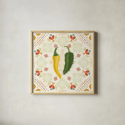 Tex Mex Fiesta III by Veronique Charron. Shown in a natural wood glass frame for a timeless modern aesthetic. Available as an archival giclee rolled canvas, fine art paper, or poster print. SKU 61916a.