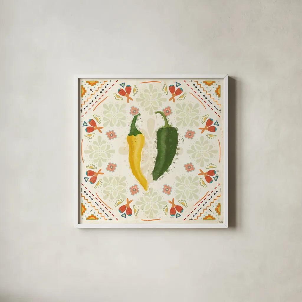 Tex Mex Fiesta III by Veronique Charron. Shown in a crisp white glass frame for a clean and minimalist style. Available as an archival giclee rolled canvas, fine art paper, or poster print. SKU 61916a.