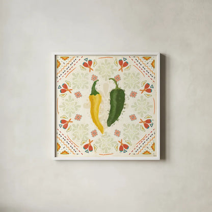 Tex Mex Fiesta III by Veronique Charron. Shown in a crisp white glass frame for a clean and minimalist style. Available as an archival giclee rolled canvas, fine art paper, or poster print. SKU 61916a.