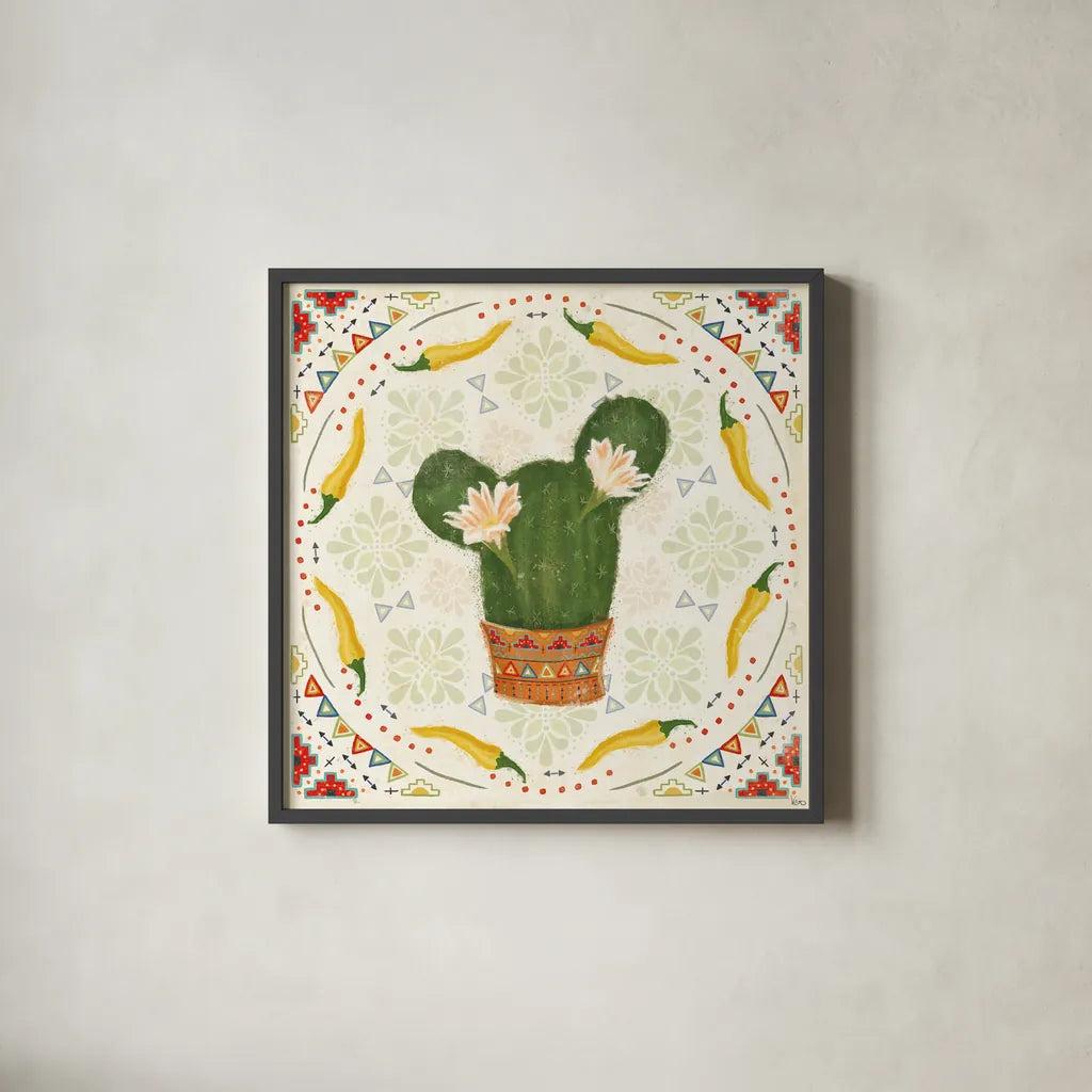 Tex Mex Fiesta IV by Veronique Charron. Shown in a sleek black glass frame for a contemporary gallery look. Available as an archival giclee rolled canvas, fine art paper, or poster print. SKU 61917a.