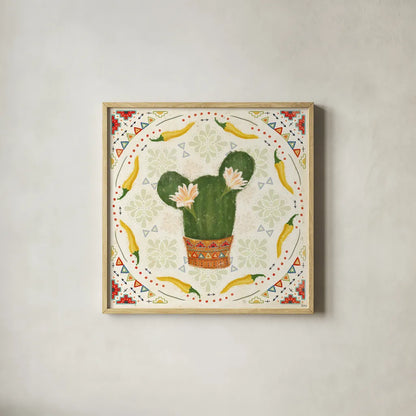 Tex Mex Fiesta IV by Veronique Charron. Shown in a natural wood glass frame for a timeless modern aesthetic. Available as an archival giclee rolled canvas, fine art paper, or poster print. SKU 61917a.