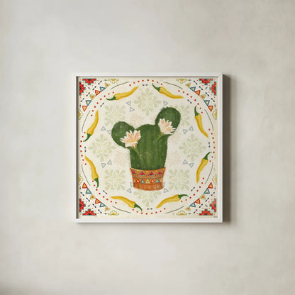Tex Mex Fiesta IV by Veronique Charron. Shown in a crisp white glass frame for a clean and minimalist style. Available as an archival giclee rolled canvas, fine art paper, or poster print. SKU 61917a.