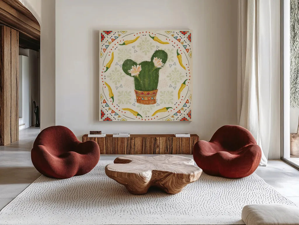 Tex Mex Fiesta IV by Veronique Charron. Shown as extra-large giant wall art in a modern living room. Available as an archival giclee rolled canvas, fine art paper, or poster print. SKU 61917a.