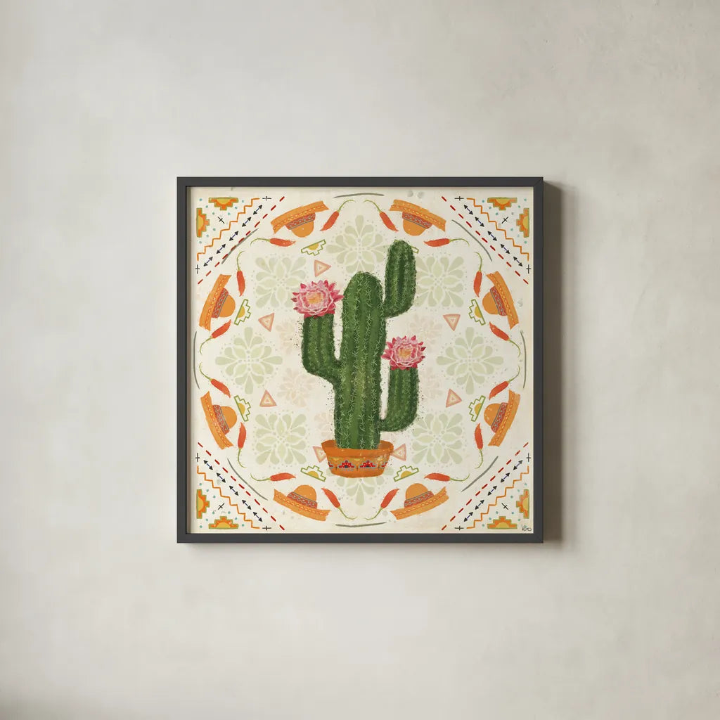 Tex Mex Fiesta V by Veronique Charron. Shown in a sleek black glass frame for a contemporary gallery look. Available as an archival giclee rolled canvas, fine art paper, or poster print. SKU 61918a.