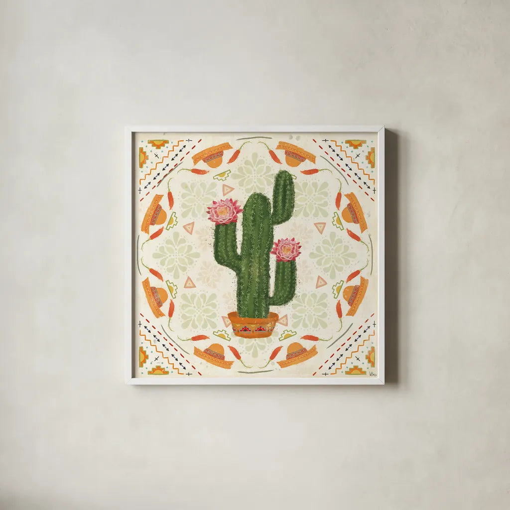 Tex Mex Fiesta V by Veronique Charron. Shown in a crisp white glass frame for a clean and minimalist style. Available as an archival giclee rolled canvas, fine art paper, or poster print. SKU 61918a.