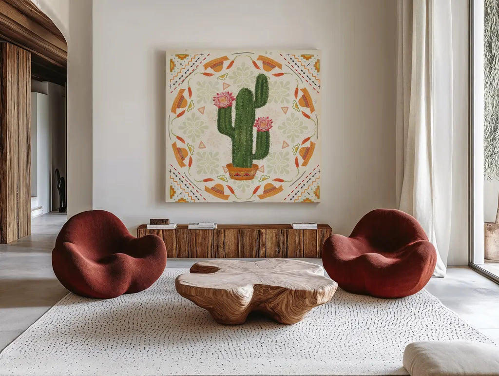 Tex Mex Fiesta V by Veronique Charron. Shown as extra-large giant wall art in a modern living room. Available as an archival giclee rolled canvas, fine art paper, or poster print. SKU 61918a.