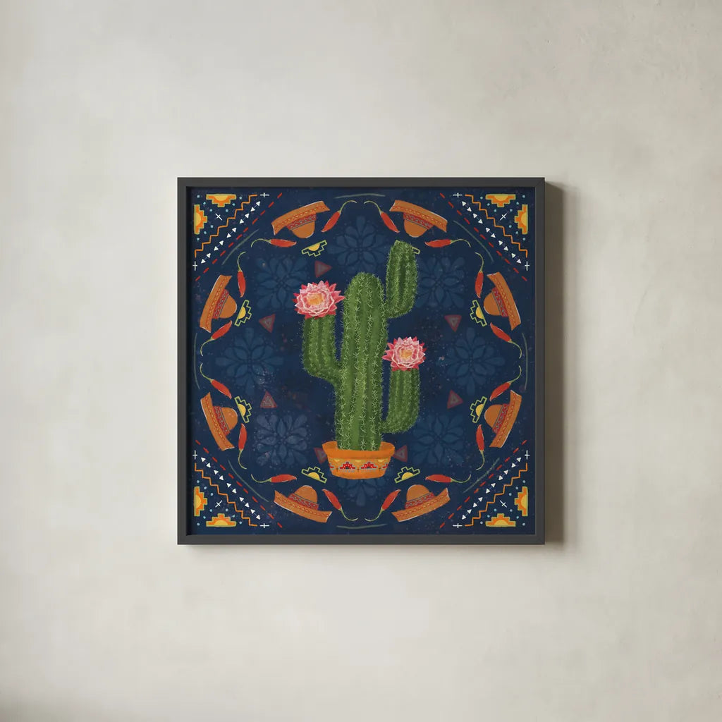 Tex Mex Fiesta V Dark by Veronique Charron. Shown in a sleek black glass frame for a contemporary gallery look. Available as an archival giclee rolled canvas, fine art paper, or poster print. SKU 61926a.