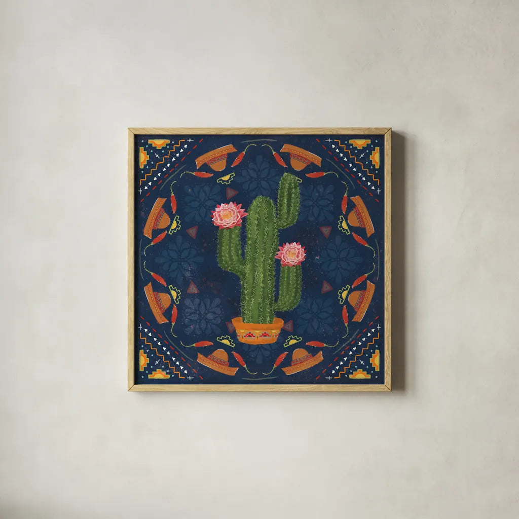 Tex Mex Fiesta V Dark by Veronique Charron. Shown in a natural wood glass frame for a timeless modern aesthetic. Available as an archival giclee rolled canvas, fine art paper, or poster print. SKU 61926a.